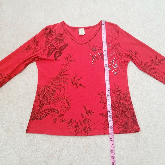 Jess & Jane Laceworks Red Floral Print 3/4 Sleeve Top Women’s Medium USA Cotton - Picture 8 of 11